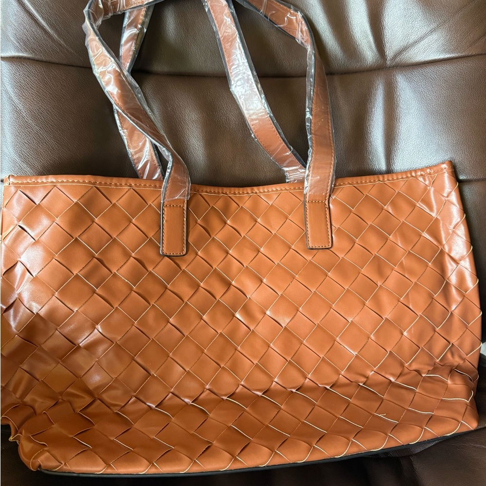 3 pieces - Tan Woven Tote Bag & small Purse w/ Dust Bag NIP